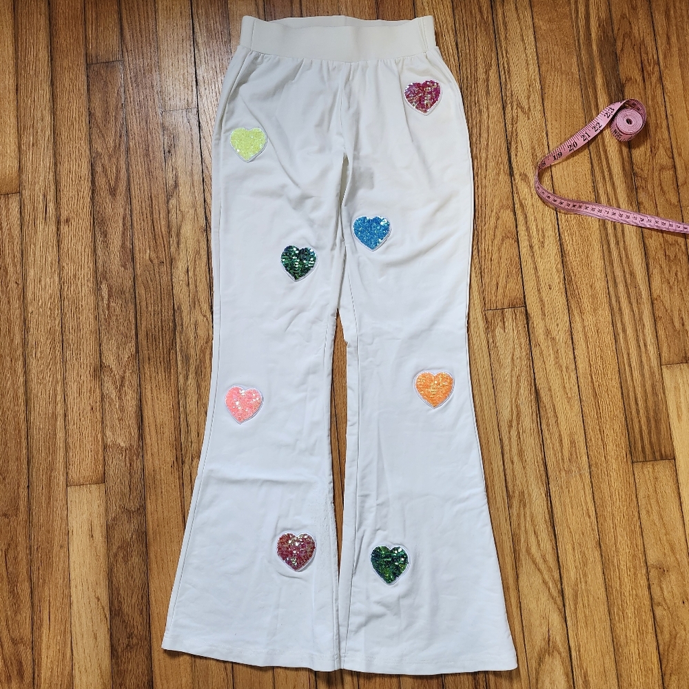 Treasure The Funk rave festival white rainbow sequin heart patterned flare pants